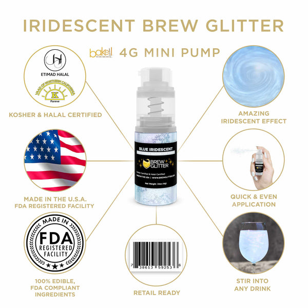 Blue Iridescent Beverage Mini Spray Glitter | Infographic for Edible Glitter. FDA Compliant Made in USA | Bakell.com