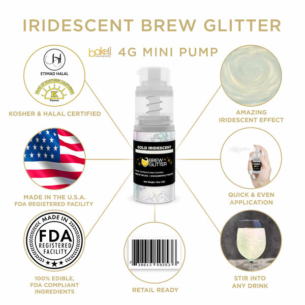 Gold Iridescent Beverage Mini Spray Glitter | Infographic for Edible Glitter. FDA Compliant Made in USA | Bakell.com