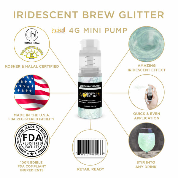 Green Iridescent Beverage Mini Spray Glitter | Infographic for Edible Glitter. FDA Compliant Made in USA | Bakell.com