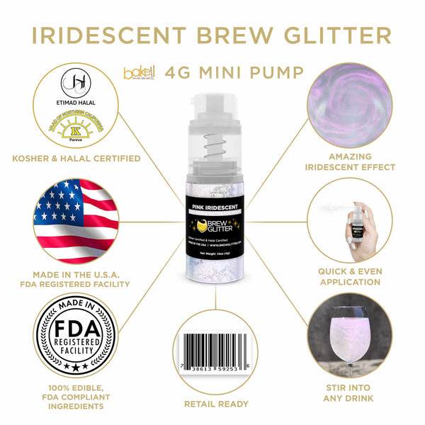 Pink Iridescent Beverage Mini Spray Glitter | Infographic for Edible Glitter. FDA Compliant Made in USA | Bakell.com