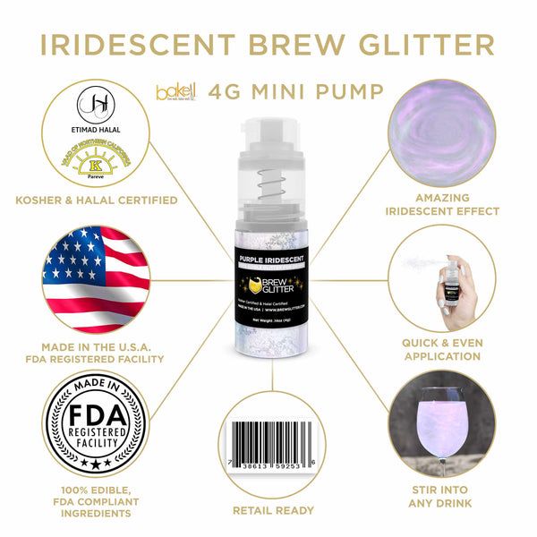 Purple Iridescent Beverage Mini Spray Glitter | Infographic for Edible Glitter. FDA Compliant Made in USA | Bakell.com