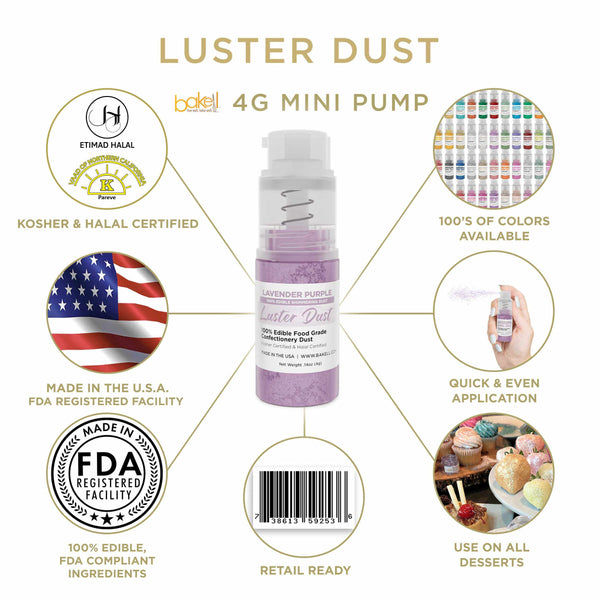 Lavender Purple Luster Dust Mini Spray Glitter | Infographic for Edible Glitter. FDA Compliant Made in USA | Bakell.com