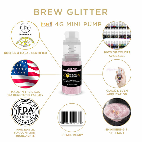Light Pink Beverage Mini Spray Glitter | Infographic for Edible Glitter. FDA Compliant Made in USA | Bakell.com
