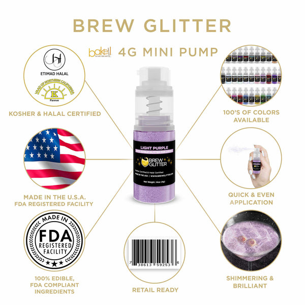 Light Purple Beverage Mini Spray Glitter | Infographic for Edible Glitter. FDA Compliant Made in USA | Bakell.com