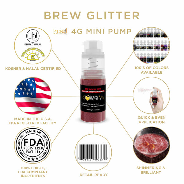 Maroon Red Beverage Mini Spray Glitter | Infographic for Edible Glitter. FDA Compliant Made in USA | Bakell.com