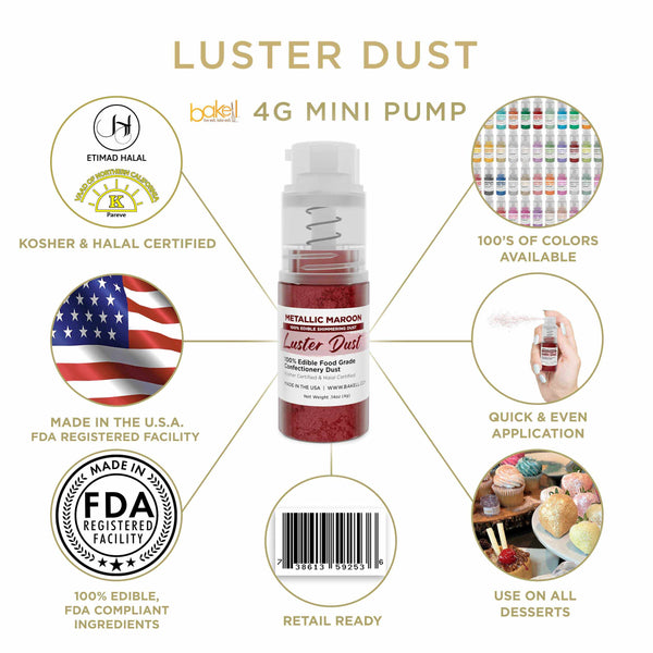 Metallic Maroon Luster Dust Mini Spray Glitter | Infographic for Edible Glitter. FDA Compliant Made in USA | Bakell.com