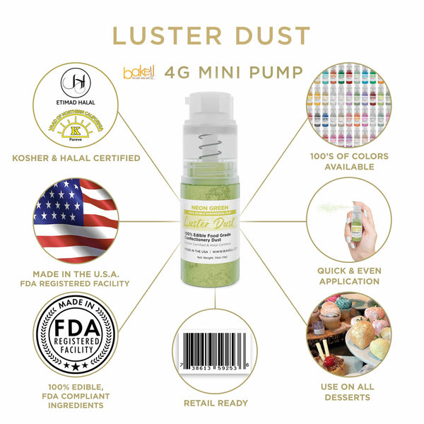 Neon Green Luster Dust Mini Spray Glitter | Infographic for Edible Glitter. FDA Compliant Made in USA | Bakell.com