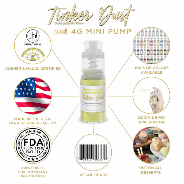 Neon Green Tinker Dust Mini Spray Glitter | Infographic for Edible Glitter. FDA Compliant Made in USA | Bakell.com