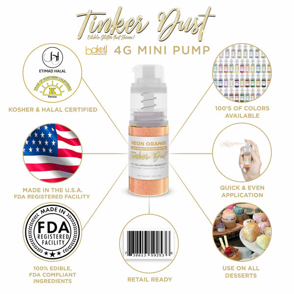Neon Orange Tinker Dust Mini Spray Glitter | Infographic for Edible Glitter. FDA Compliant Made in USA | Bakell.com