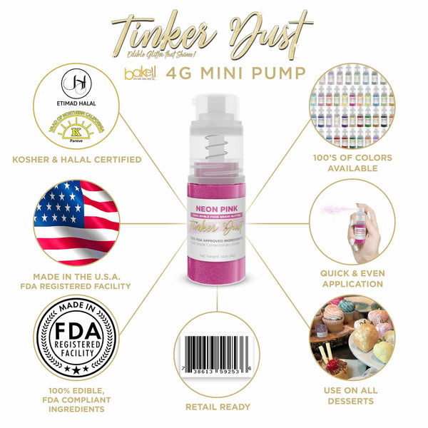 Neon Pink Tinker Dust Mini Spray Glitter | Infographic for Edible Glitter. FDA Compliant Made in USA | Bakell.com