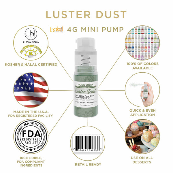 Olive Green  Luster Dust Mini Spray Glitter | Infographic for Edible Glitter. FDA Compliant Made in USA | Bakell.com