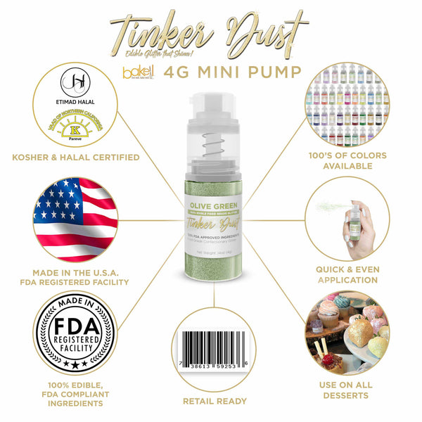 Olive Green Tinker Dust Mini Spray Glitter | Infographic for Edible Glitter. FDA Compliant Made in USA | Bakell.com