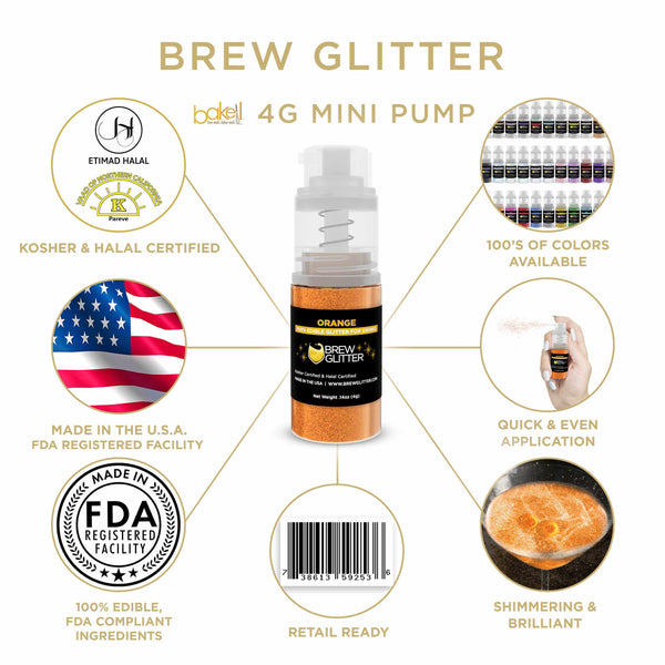 Orange Beverage Mini Spray Glitter | Infographic for Edible Glitter. FDA Compliant Made in USA | Bakell.com