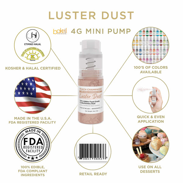 Peach Champagne Luster Dust Mini Spray Glitter | Infographic for Edible Glitter. FDA Compliant Made in USA | Bakell.com