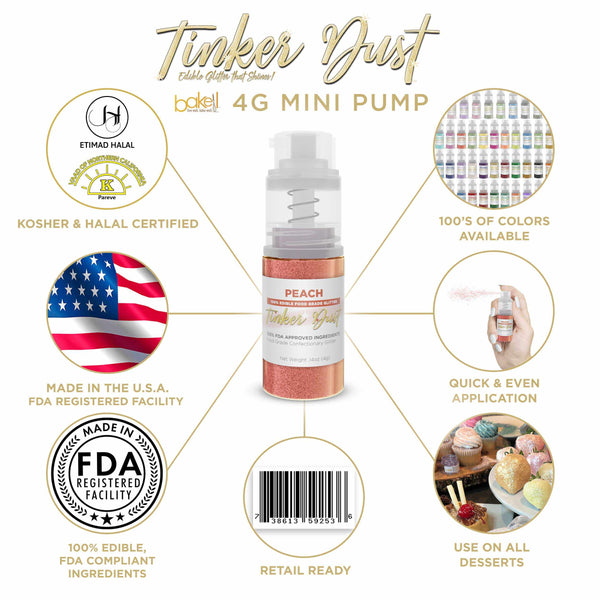 Peach Tinker Dust Mini Spray Glitter | Infographic for Edible Glitter. FDA Compliant Made in USA | Bakell.com