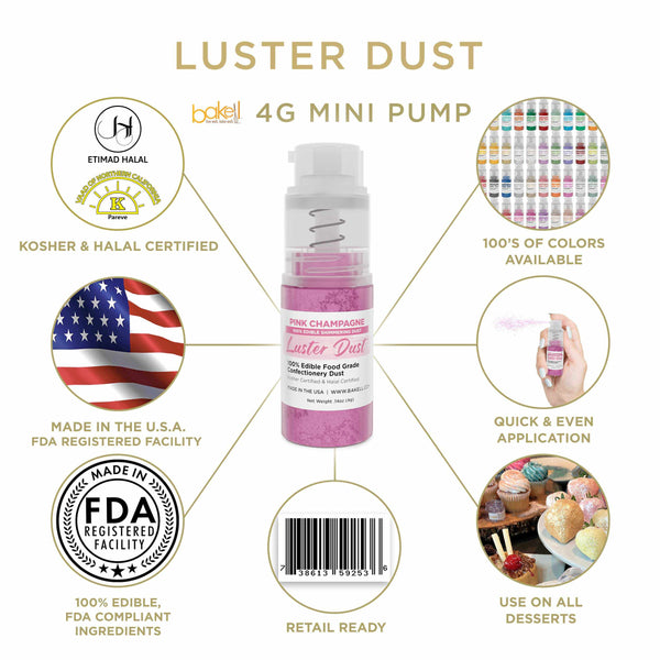 Pink Champagne Luster Dust Mini Spray Glitter | Infographic for Edible Glitter. FDA Compliant Made in USA | Bakell.com
