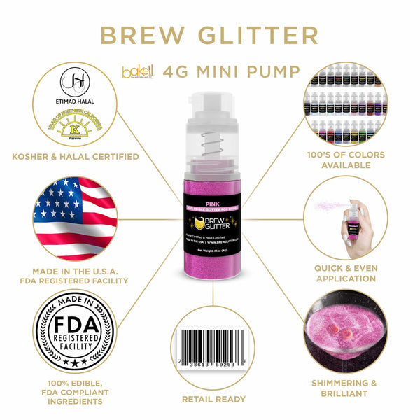 Pink Beverage Mini Spray Glitter | Infographic for Edible Glitter. FDA Compliant Made in USA | Bakell.com