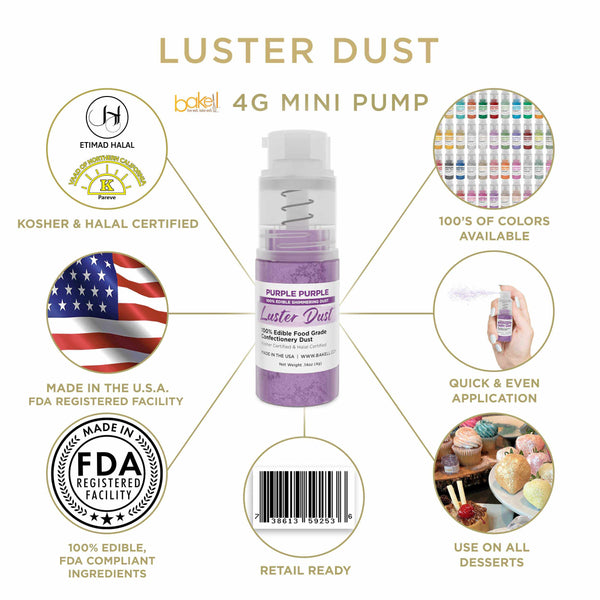 Purple Purple Luster Dust Mini Spray Glitter | Infographic for Edible Glitter. FDA Compliant Made in USA | Bakell.com