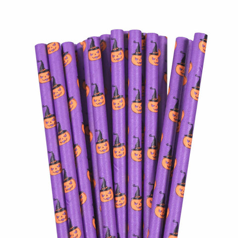 purple straws with orange pumpkins wearing witch hats