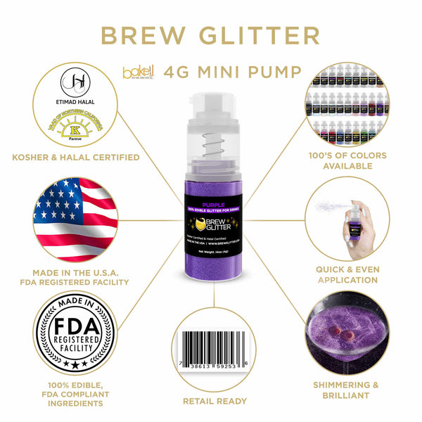 Purple Beverage Mini Spray Glitter | Infographic for Edible Glitter. FDA Compliant Made in USA | Bakell.com