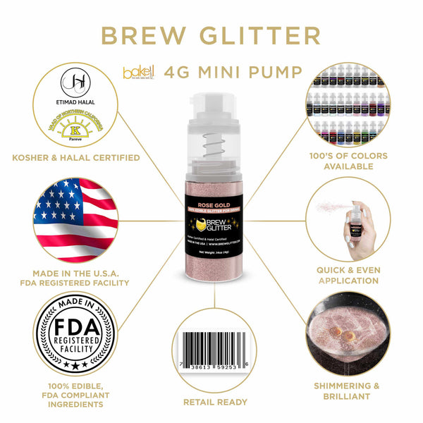 Rose Gold Beverage Mini Spray Glitter | Infographic for Edible Glitter. FDA Compliant Made in USA | Bakell.com