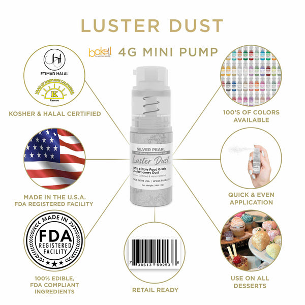 Silver Pearl Luster Dust Mini Spray Glitter | Infographic for Edible Glitter. FDA Compliant Made in USA | Bakell.com