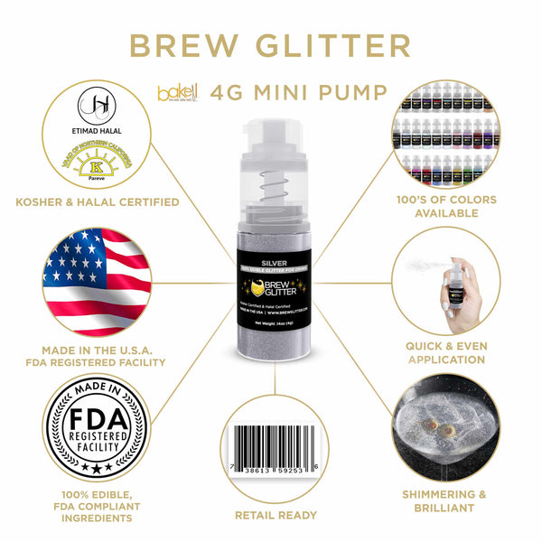 Silver Beverage Mini Spray Glitter | Infographic for Edible Glitter. FDA Compliant Made in USA | Bakell.com