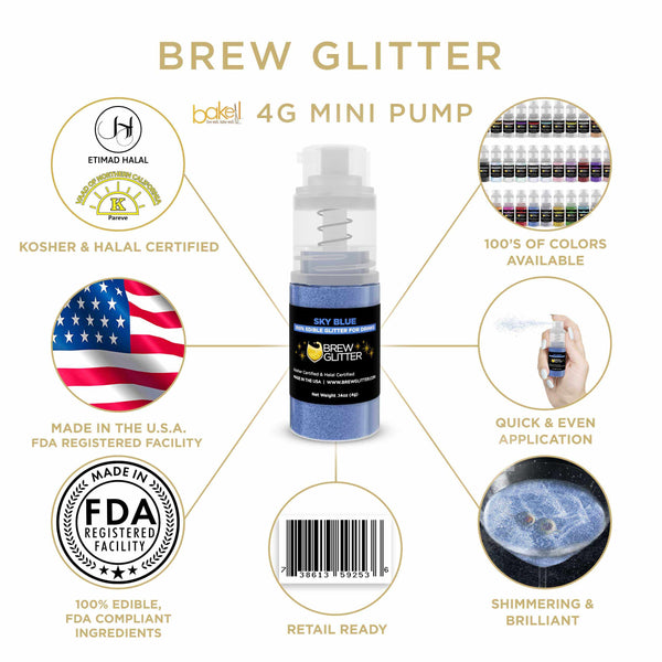 Sky Blue Beverage Mini Spray Glitter | Infographic for Edible Glitter. FDA Compliant Made in USA | Bakell.com