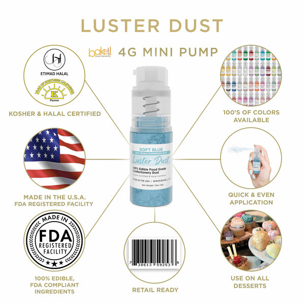 Soft Blue Luster Dust Mini Spray Glitter | Infographic for Edible Glitter. FDA Compliant Made in USA | Bakell.com