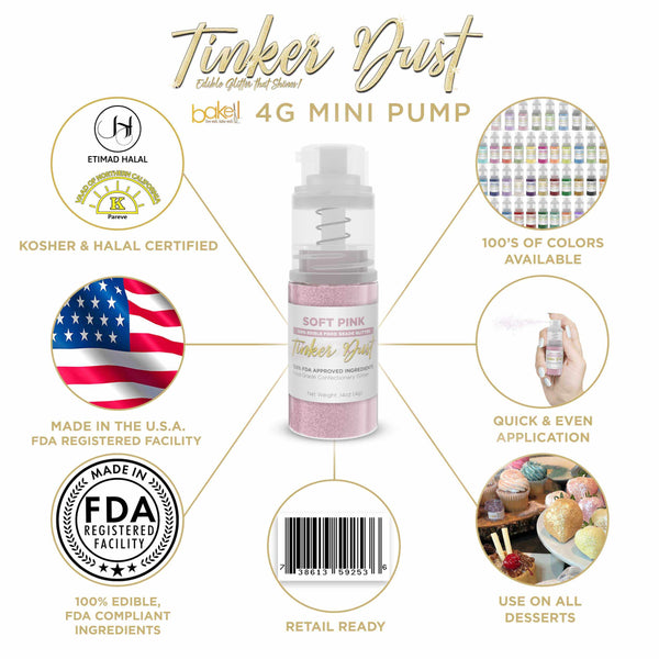 Soft Pink Tinker Dust Mini Spray Glitter | Infographic for Edible Glitter. FDA Compliant Made in USA | Bakell.com