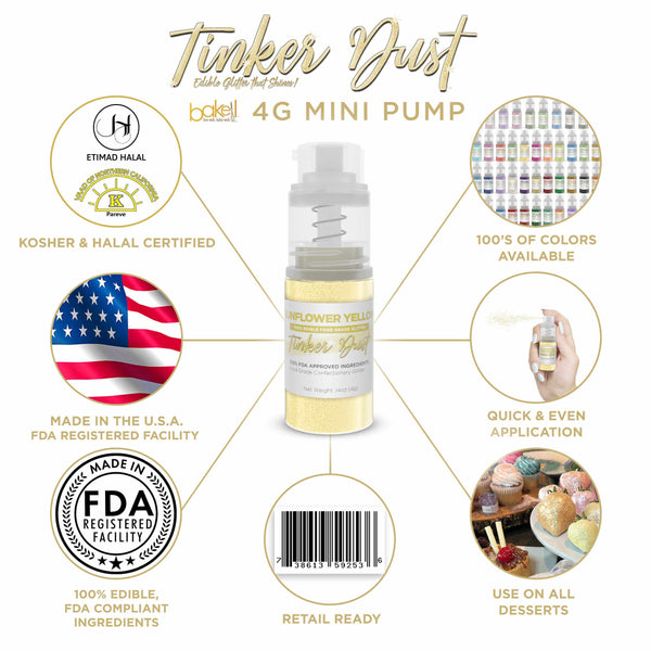 Sunflower Yellow Tinker Dust Mini Spray Glitter | Infographic for Edible Glitter. FDA Compliant Made in USA | Bakell.com