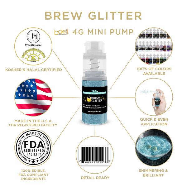 Teal Beverage Mini Spray Glitter | Infographic for Edible Glitter. FDA Compliant Made in USA | Bakell.com