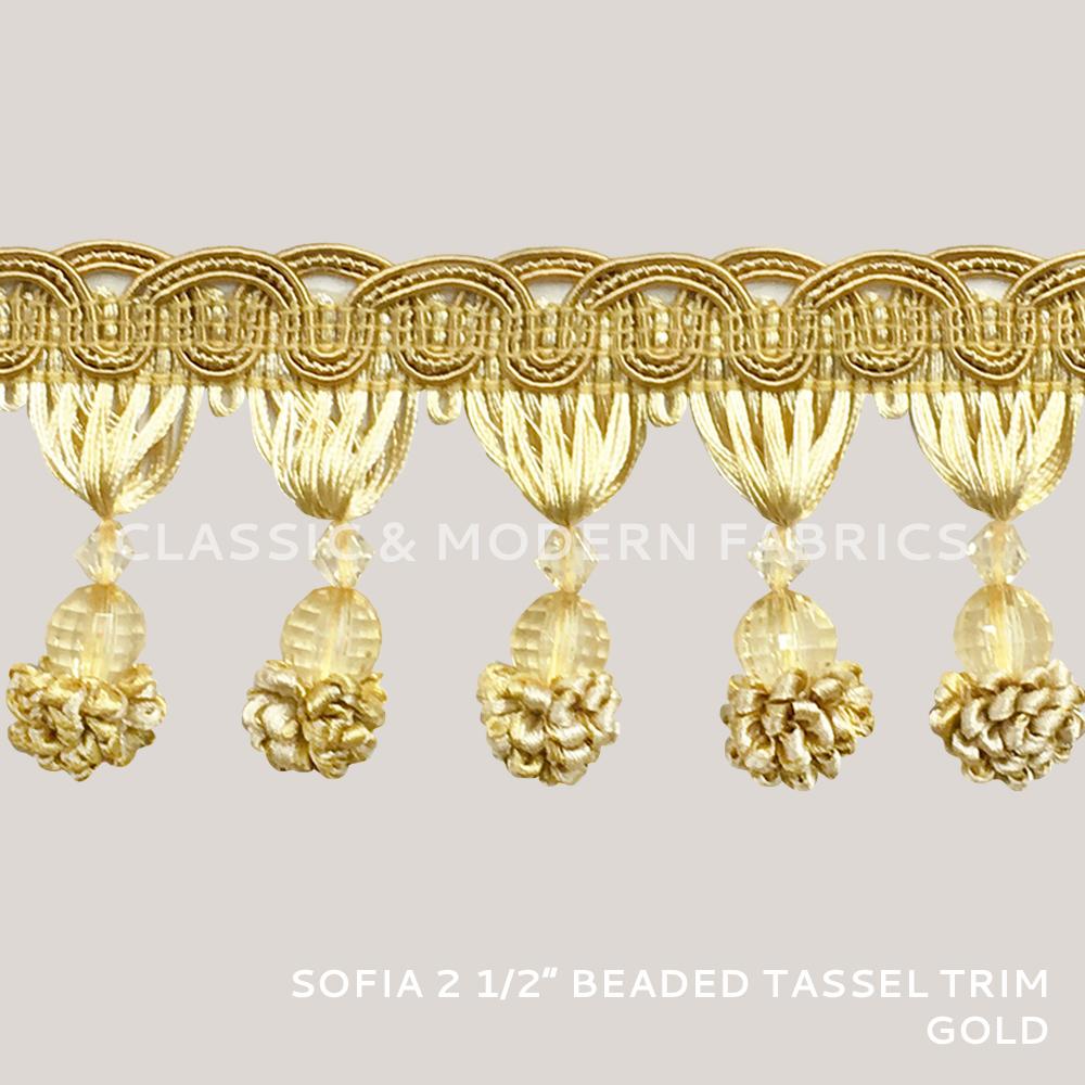 24 YARDS / SAVANNAH 3 1/2 Beaded Tassel Fringe Trim Light Gold / By t –  Classic Modern Fabrics