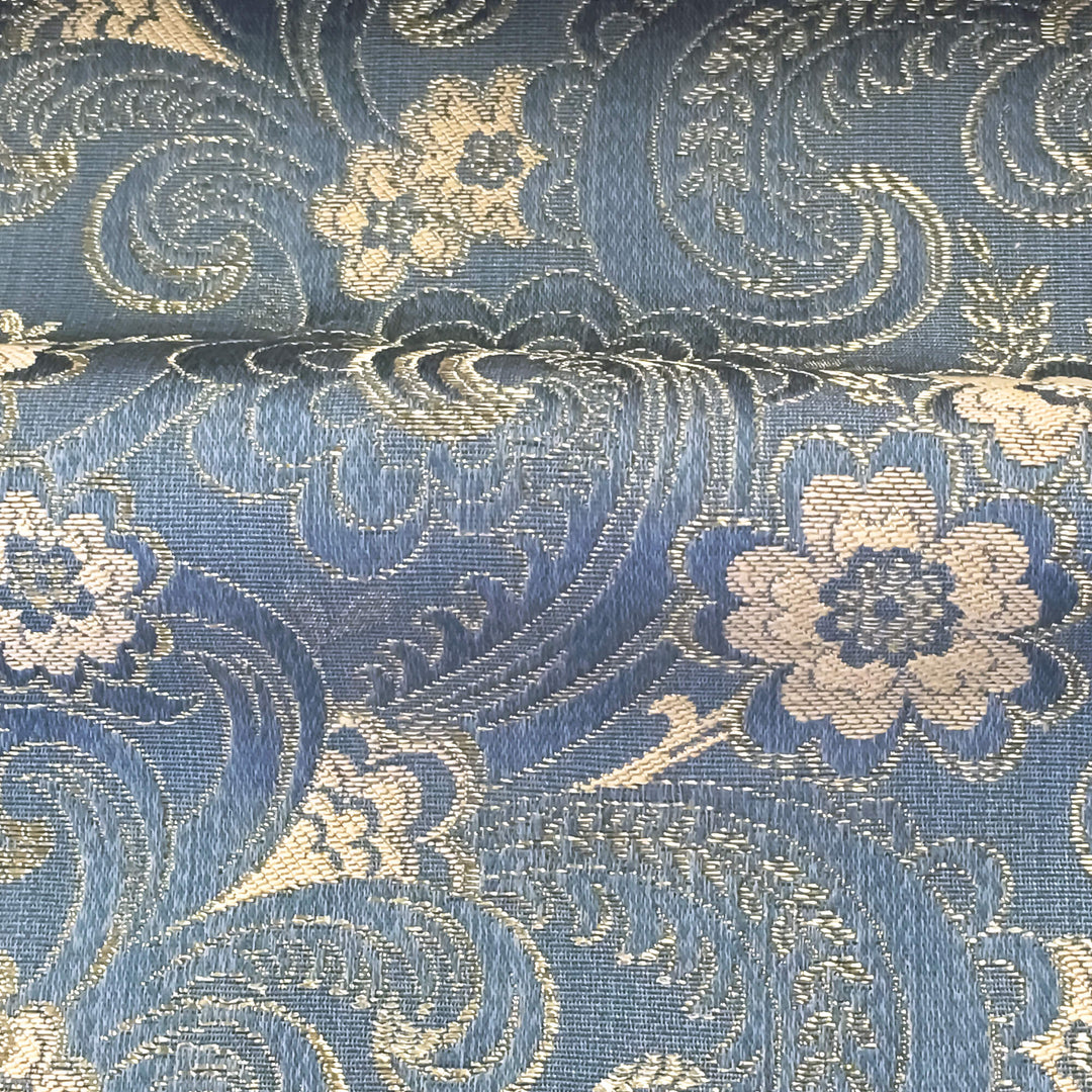 110 Wide Blue Gold Scroll Floral Soft Sheen Jacquard Fabric