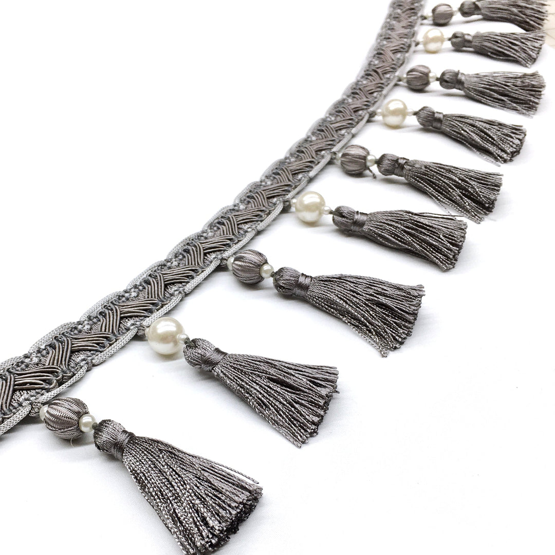 18 YARDS / Strassen 4 Beaded Tassel Fringe Trim Gray / By the