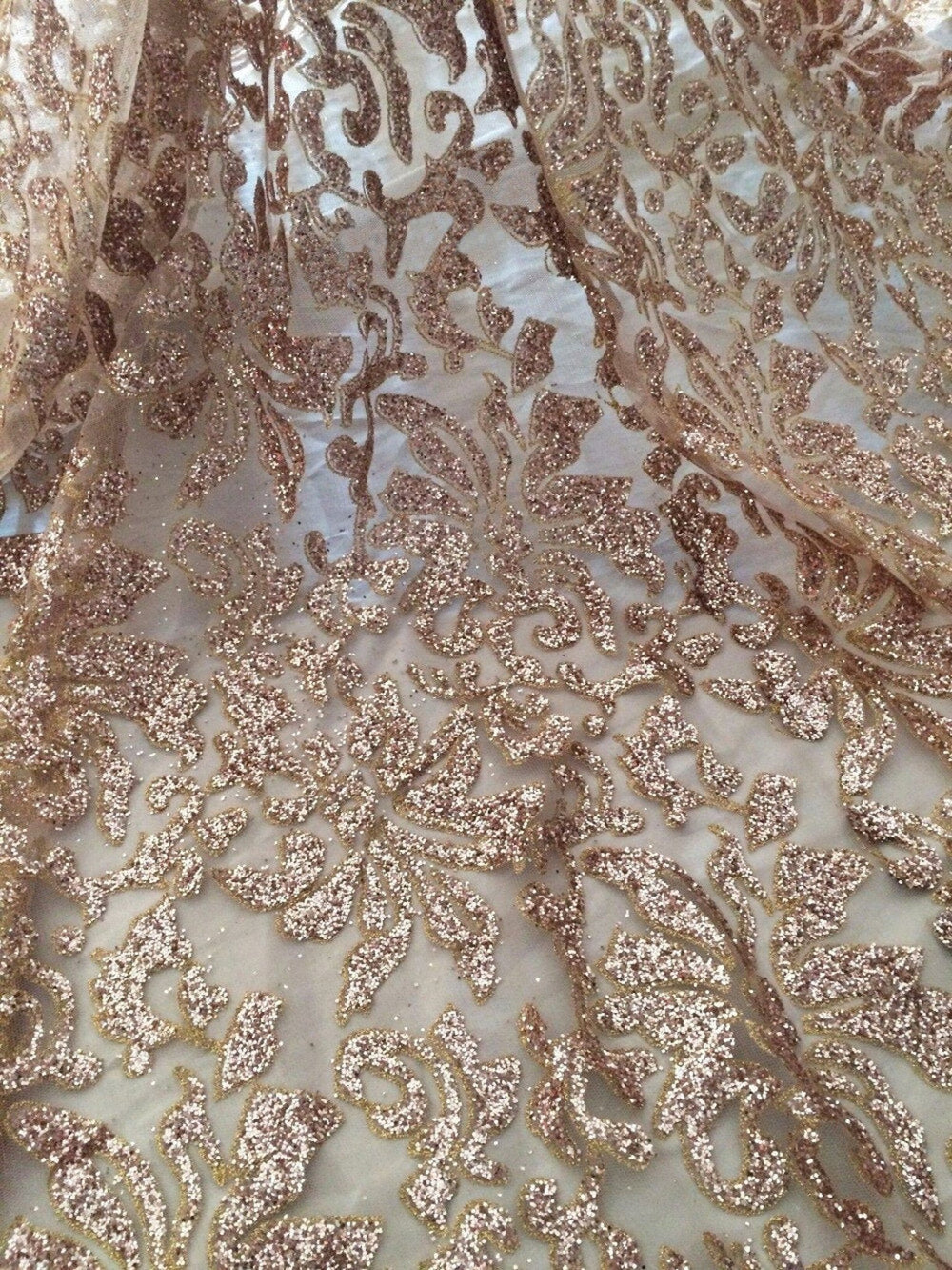 Serafina ROSE PINK BLUSH Gold Glitter Beaded Mesh Lace Sequin Fabric / Sold  by the Yard 