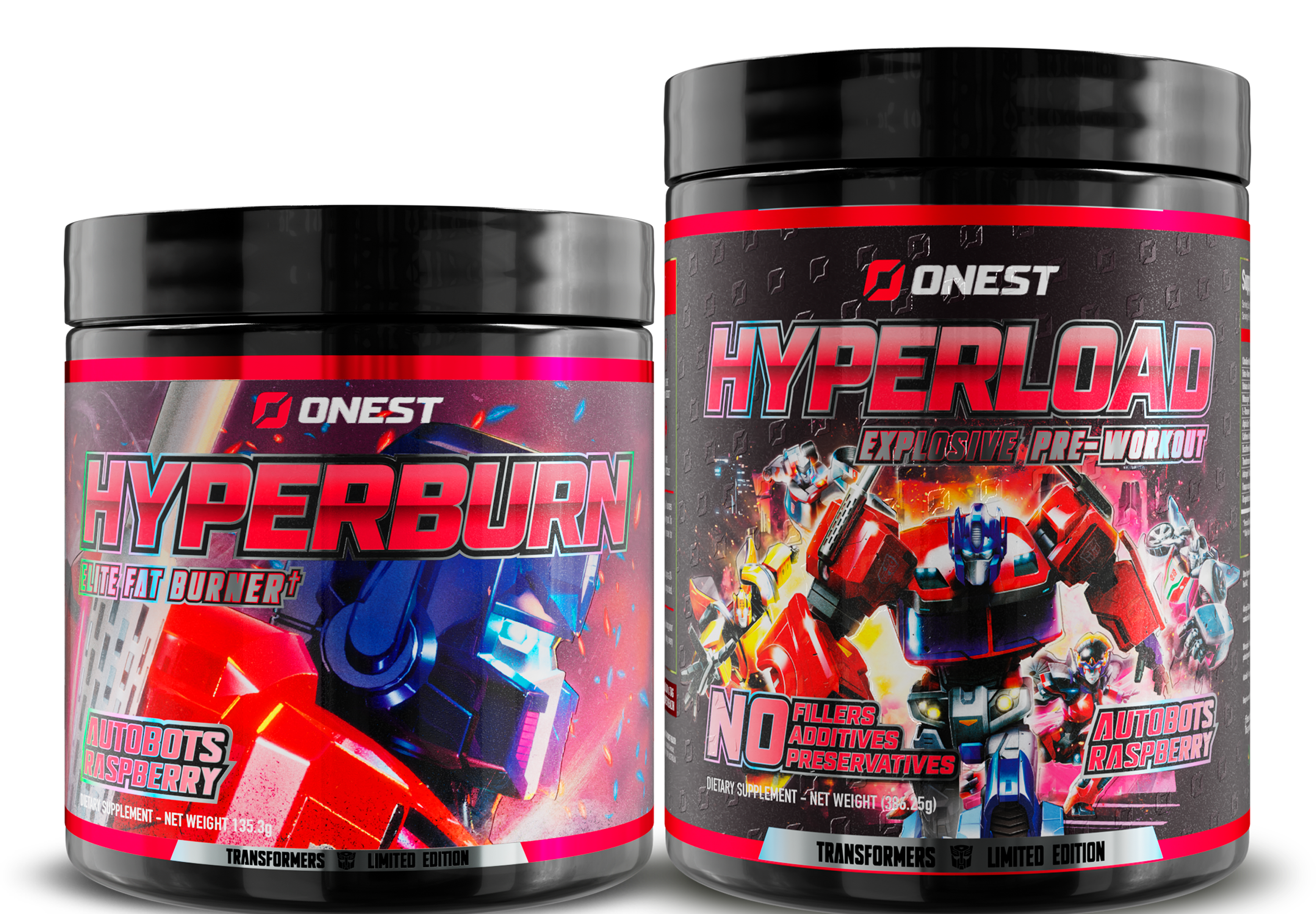 'Two containers of Onest supplements featuring Transformers-themed labels: Hyperburn Fat Burner and Hyperload Pre-Workout.'