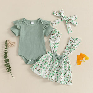 Baby Girls 3Pcs Summer Outfit Solid Flying Sleeve Romper with Floral Print Suspender Dress and Bow Headband Set - August + Willow