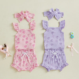 Baby Girls 3Pcs Summer Set Bow Print Fly Sleeve Romper Elastic Waist Ruffle Shorts Headband Outfit Clothes Spring - August + Willow