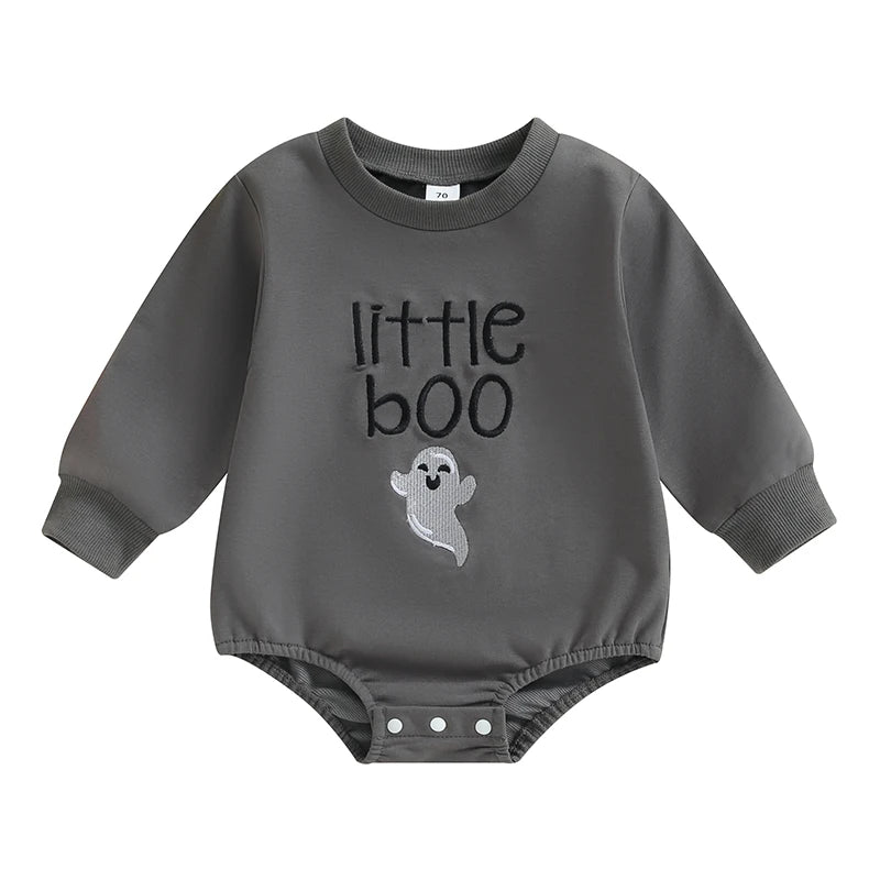 Baby Toddler Boys Little Boo Halloween Bubble Romper Long Sleeve Crew Neck Ghost Letter Embroidery Jumpsuit