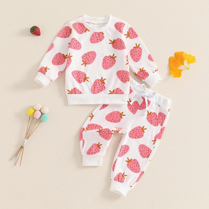 Baby Toddler Girls 2Pcs Fall Outfit Strawberry Print Long Sleeve Top and Elastic Pants Set