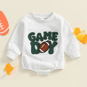 Baby Boys Girls Game Day Football Romper Letter Embroidery Long Sleeve Bubble Jumpsuit - August + Willow