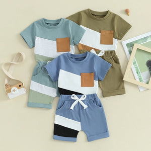 Baby Toddler Boys 2Pcs Shorts Set Contrast Color Short Sleeve Top Pocket with Elastic Waist Shorts Set Summer Spring Outfit - August + Willow