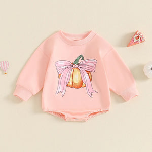 Baby Girls Romper Fall Long Sleeve Crew Neck Pumpkin Bow Print Bodysuit - August + Willow