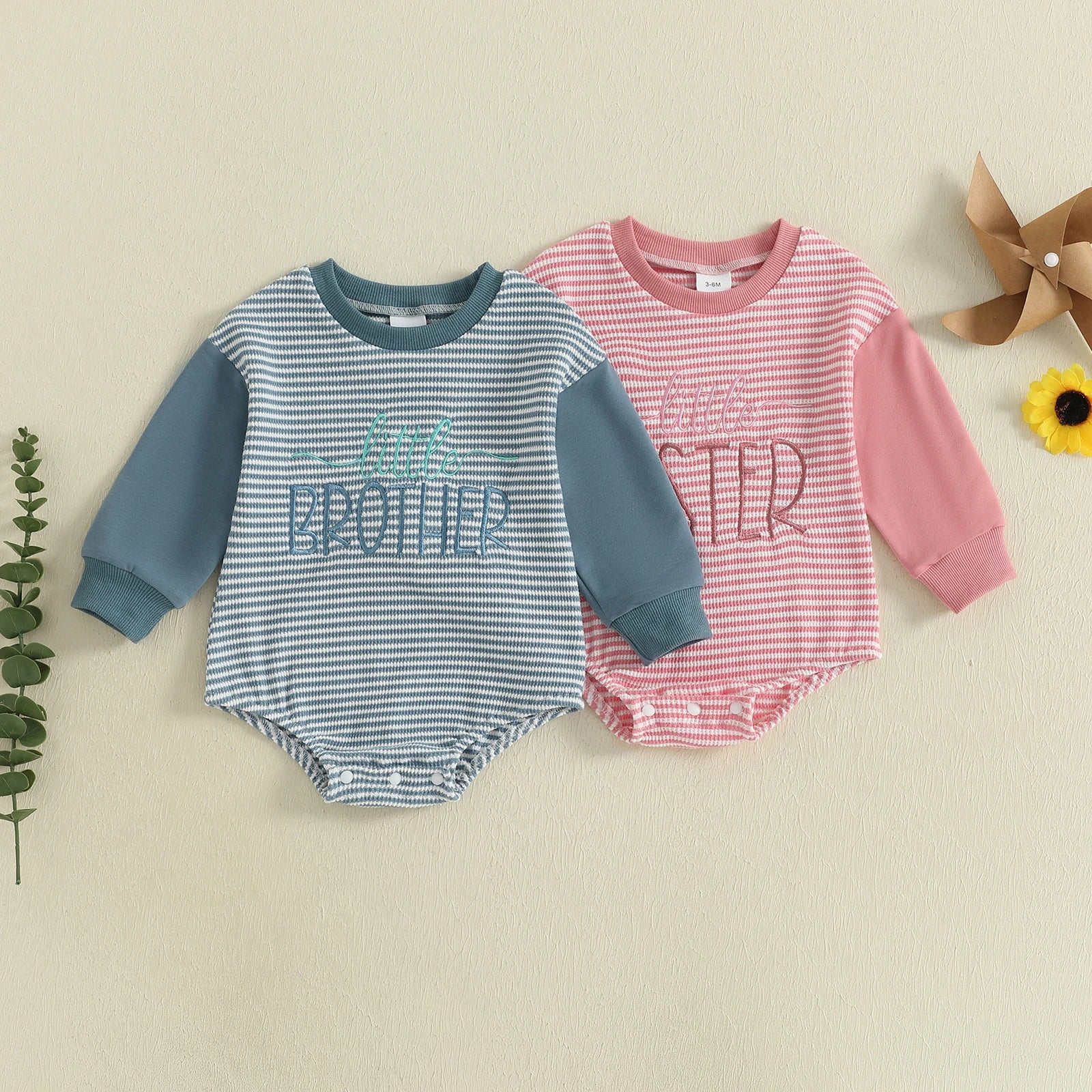 Baby Boys Girls Fall Romper Stripe Letter Little Brother Sister Embroidery Long Sleeve Crew Neck Bubble Jumpsuit