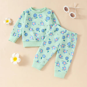 Baby Toddler Girls 2Pcs Fall Set Long Sleeve O Neck Floral Flower Print Top Elastic Waist Pants Set - August + Willow