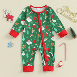 Baby Boys Girls Christmas Zipper Romper Reindeer Santa Print Zip Up Long Sleeve Round Neck Jumpsuit - August + Willow