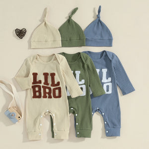 Baby Boy 2Pcs Lil Bro Jumpsuit and Hat Set Long Sleeve Round Neck Letter Print Ribbed Romper with Beanie Outfit - August + Willow