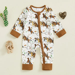 Baby Boy Western Zipper Romper Cactus Horse Print Long Sleeve Zip-up Jumpsuit Casual Infant Clothes - August + Willow