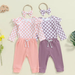 Baby Girls 3Pcs Fall Outfit Checkered Print Long Sleeve Romper Solid Color Long Pants Headband Set - August + Willow